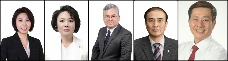 왼쪽부터 한송이 마선거구 후보, 안미자 바선거구 후보, 김진천 사선거구 후보, 백남환 아선거구 후보(가), 김기석 아선거구 후보(나)./사진=중앙선관위원회