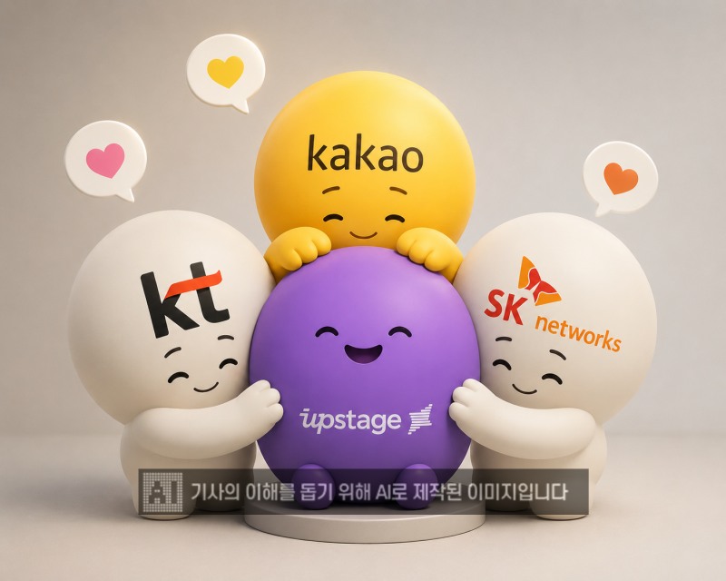 국내 대표 인공지능(AI) 스타트업 업스테이지가 상장 후 기업가치로 최대 5조 원의 청사진을 제시했다. 이에 따라 이 회사에 베팅한 대기업 3사(KT·카카오·SK네트웍스)의 지분 방정식이 투자은행(IB) 업계의 최대 화두로 부각되고 있다. /이미지=생성형AI