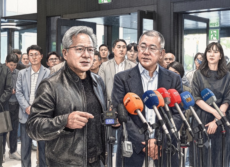 NVIDIA CEO Jensen Huang (left) and Hyundai Motor Group Chairman Chung Eui-sun during Huang's visit to Hyundai's headquarters on the 8th. / This image was created using AI to aid in understanding the article.