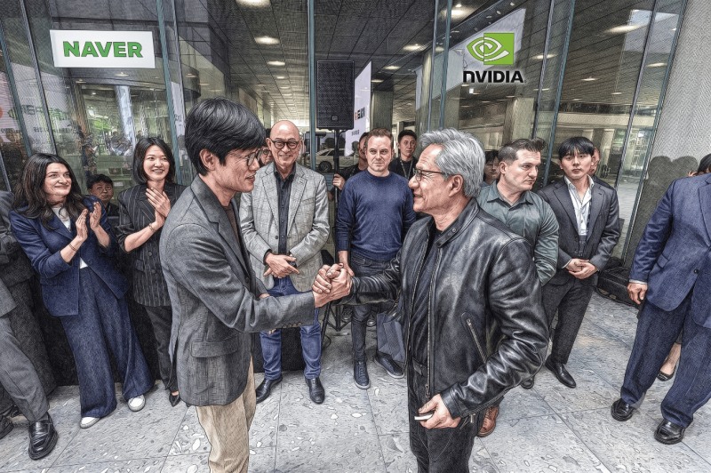On June 8, Nvidia CEO Jensen Huang visited NAVER's headquarters "1784" in Bundang-gu, Seongnam, Gyeonggi Province, and met with Lee Hae-jin, NAVER's Global Investment Officer (GIO) and chairman of the board. / Created using generative AI based on an original photo provided by NAVER to aid understanding of the article.