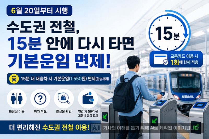 수도권 전철 15분 내 재승차 시 기본운임 면제…6월 20일부터 시행