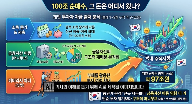 개인 순매수 100조 육박…“신규 자금보다 자산 재배분이 주도”