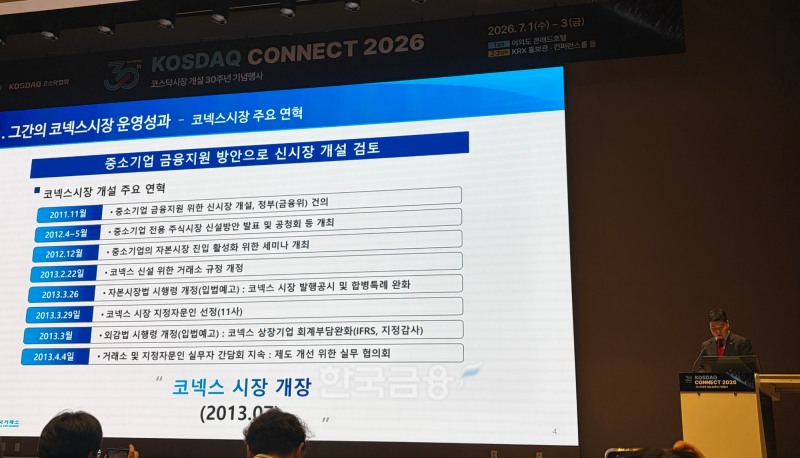 진현철 한국거래소 코넥스제도팀 팀장이 서울 여의도 한국거래소에서 열린 ‘코스닥 30주년 기념행사’에서 발표하고 있다. / 사진= 한국금융신문(2026.7.2)
