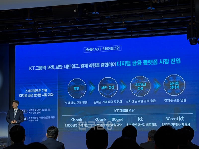 박윤영 KT 대표이사가 6일 서울 광진구 풀만 앰배서더 서울 이스트폴 호텔에서 취임 후 첫 기자간담회를 열고 ‘AX 플랫폼 컴퍼니’로 도약하기 위한 핵심 전략을 발표하고 있다. /사진=정채윤 기자