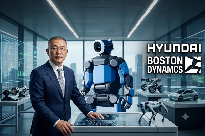 Boston Dynamics, the robotics affiliate of Hyundai Motor Group, has come under the scope of financial authorities' dual-listing regulations. Pictured are Hyundai Motor Group Chairman Chung Eui-sun (left) and Boston Dynamics' humanoid robot "Atlas." / Photo: Generative AI