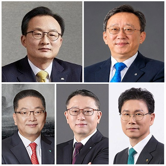 국내 5대 은행장. 이환주 국민은행장(왼쪽 위), 정상혁 신한은행장 (오른쪽 위), 이호성 하나은행장(왼쪽 아래), 정진완 우리은행장 (중간 아래), 강태영 농협은행장 (오른쪽 아래) / 사진=각 사