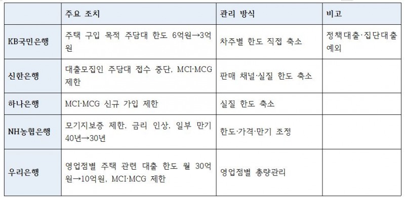 5대 은행 주택 관련 대출 관리 조치