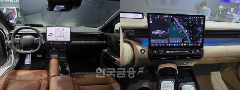 현대차 '디 올 뉴 아반떼' 내부(왼쪽)와 차세대 인포테인먼트 시스템 플레오스 커넥트가 적용된 대화면 디스플레이. / 사진=김재훈 기자