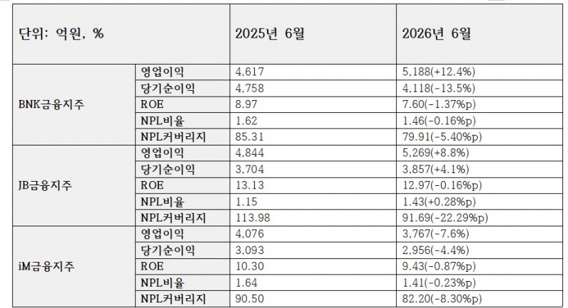 3개 지방 금융지주 주요 수익성, 건전성 지표 (단위: 억원, %)