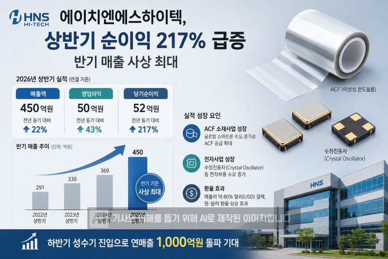 에이치엔에스하이텍(대표 김정희)은 올해 상반기 연결 기준 당기순이익이 52억원으로 지난해 같은 기간(16억원)보다 217% 증가했다.