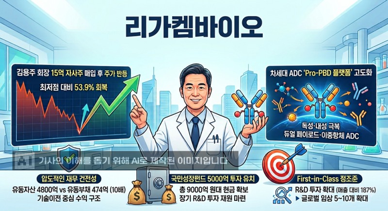 ▲ 리가켐바이오가 주가 변동성에도 견고한 펀더멘털을 유지하고 있다. 그림 = 생성형 AI