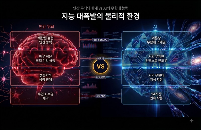 ▲제한된 계산 용량(CPU), 제한된 메모리(Memory), 제한된 저장 공간(Storage), 제한된 작동 시간(수면과 수명)을 가진 인간 지능의 한계 대비 AI가 가진 4가지 차별적인 환경이 지능 대폭발을 가능하게 했다.