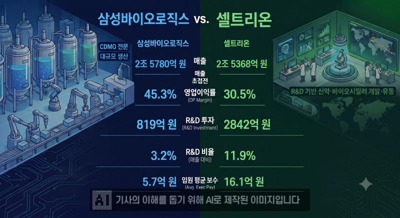 삼성바이오로직스와 셀트리온이 올해 상반기 비슷한 매출을 기록한 가운데 수익성과 임원 보수에서는 차이를 보였다. /사진=생성형 AI