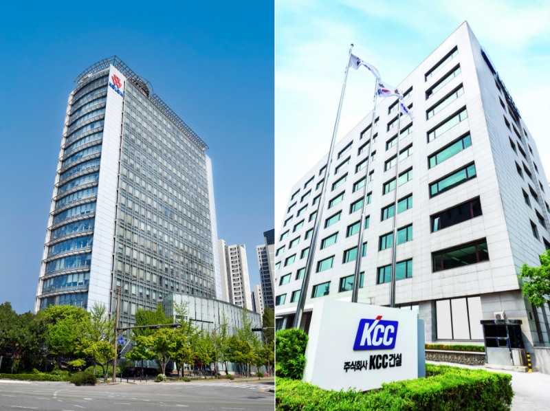 코오롱글로벌 과천 사옥 전경(사진 왼쪽)·KCC건설 본사 전경. /사진제공=각 사