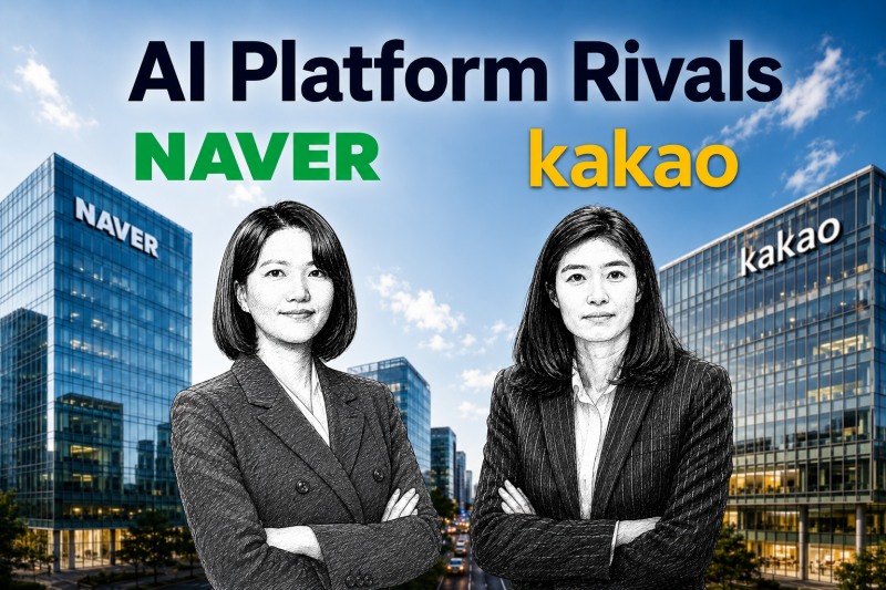 (From left) Naver CEO Choi Su-yeon, Kakao CEO Chung Sin-a / AI generated
