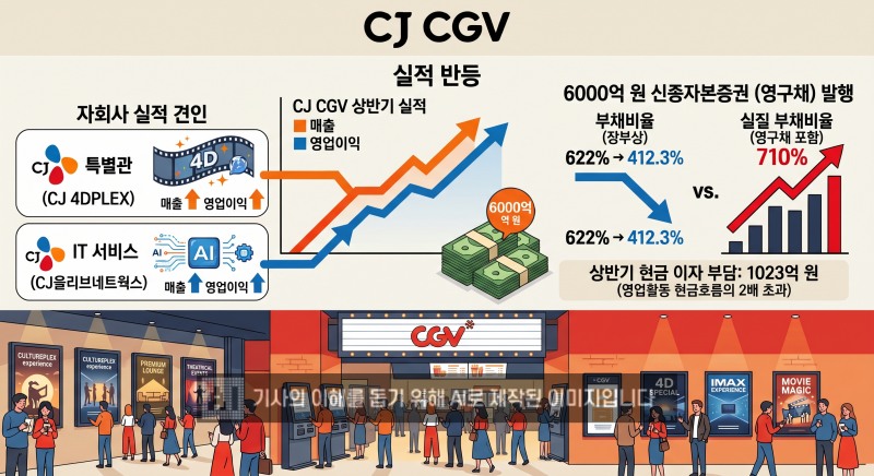 CJ CGV가 올해 상반기 외형과 수익성 모두 개선했지만 재무 부담은 아직 남아있다. /사진=생성형 AI