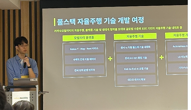 임인호 카카오모빌리티 자율주행개발팀 AI주행파트 리더가 9일 서울 서초구 한국자동차모빌리티산업협회에서 열린 미디어 스터디에서 자율주행 기술 현황에 대해 발표하고 있다./ 사진=박수연 기자