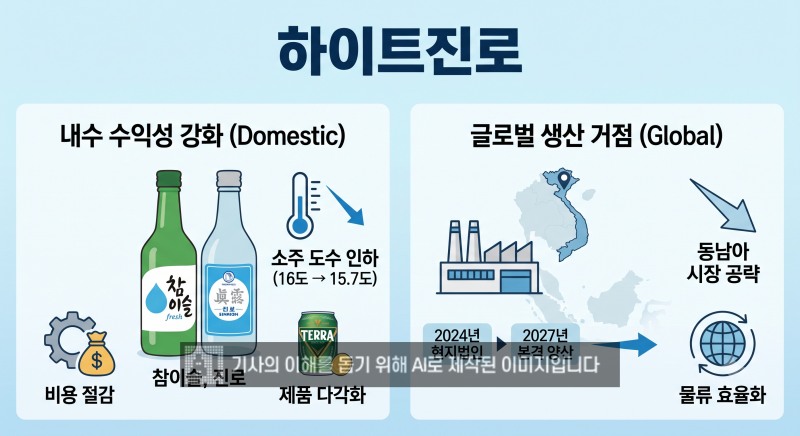 하이트진로가 소주 도수 인하와 베트남 현지 생산을 통해 체질 개선에 나섰다. /사진=생성형 AI