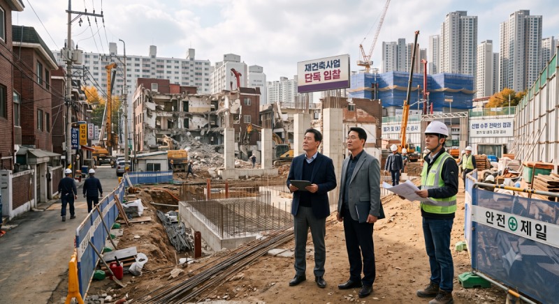 서울의 한 대규모 재건축 사업 현장에서 건설사 관계자들이 철거 및 기반 공사 진행 상황을 살피며 입찰 참여와 공사 타당성을 검토하고 있다. /사진=AI 생성 이미지