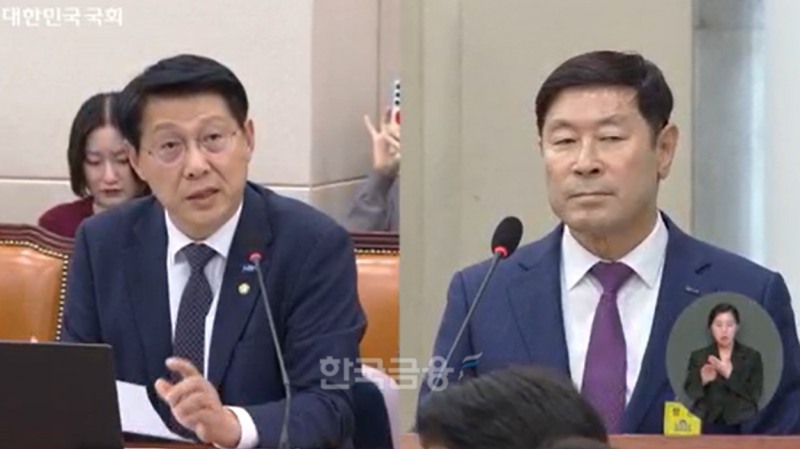 김형연 의원이 8일 정무위원회 국정감사에서 최병채 인카금융서비스 회장(오른쪽)을 심문하고 있다./사진=국회 의사중계시스템 갈무리.