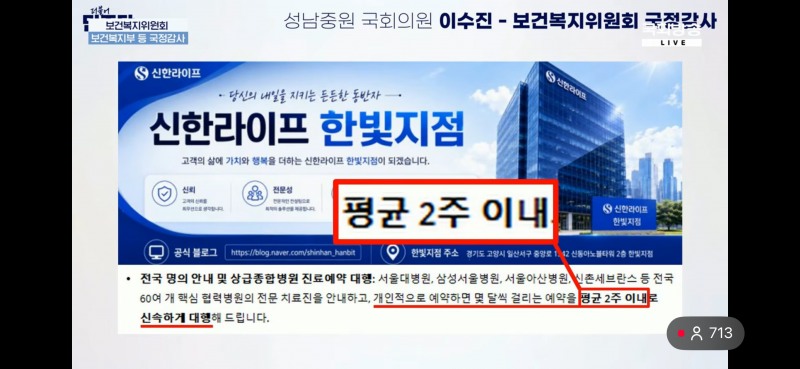8일 국회 보건복지위원회 국정감사에서 이수진 더불어민주당 의원이 제시한 신한라이프 한빛지점의 헬스케어 서비스 홍보 화면. 대형병원 진료 예약을 ‘평균 2주 이내’에 대행한다는 문구가 표시돼 있다. 사진=국회방송 화면 갈무리