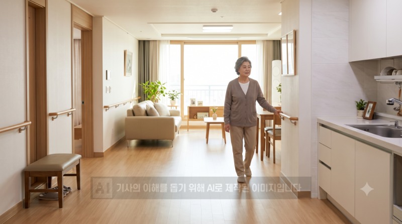 시니어 레지던스 내부 전경. 바닥 문턱을 완전히 없앤 무단차 설계와 벽면 안전 손잡이, 여유로운 이동 동선 등 어르신의 낙상 사고를 예방하고 안전한 독립 생활을 돕는 맞춤형 주거 구조가 적용됐다. /사진제공=AI 생성 이미지