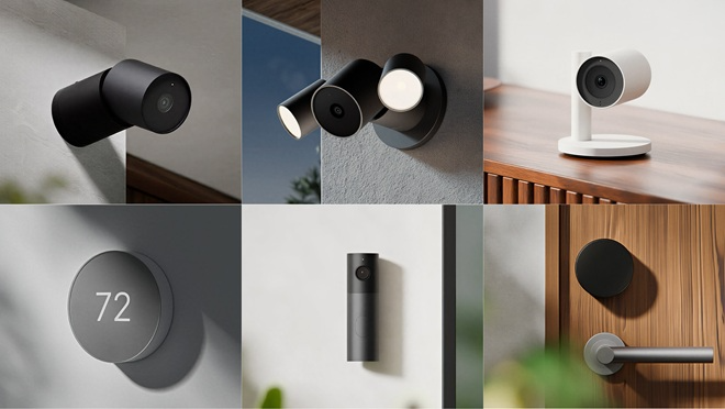 (왼쪽 상단부터 시계 방향으로) 실외 카메라, 투광조명 탑재한 실외 카메라, 실내 카메라, 도어락, 도어벨, 온도 조절기. 사진=LG전자