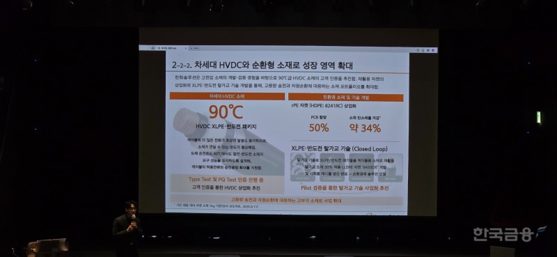 박지환 한화솔루션 W&C부문 프로가 한화솔루션의 소재 기술을 설명하고 있다. /사진=정진아 기자