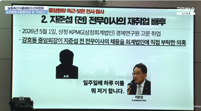 윤준병 더불어민주당 의원이 공개한 지준섭 전 농협중앙회 전무이사 재취업 관련 자료. 사진=국회방송 화면 갈무리