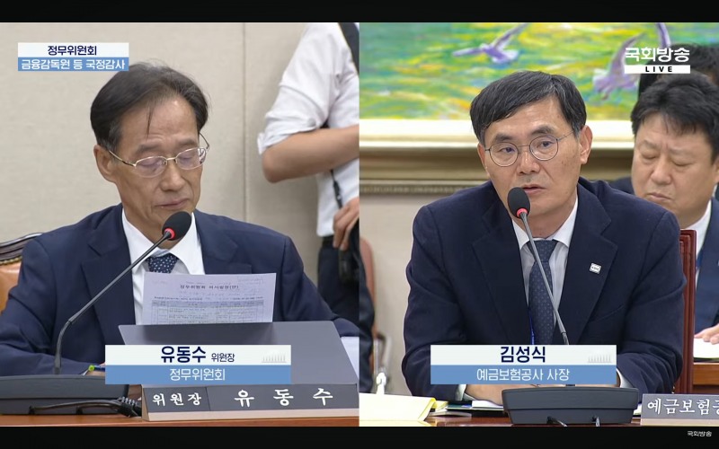 유동수 국회 정무위원장(왼쪽)이 19일 국회 정무위원회 국정감사에서 김성식 예금보험공사 사장에게 질의하고 있다. 사진출처=국회방송.