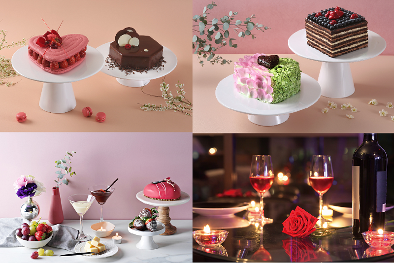 (시계좌측 방향부터) 롯데호텔서울 러브마카롱케익과 베네수엘라 초콜릿 무스 케익, 롯데호텔월드 발렌타인데이 하트 스폐셜 케익과 바나나 초콜릿 케익, 그랜드 힐튼 ‘발렌타인데이 갈라 디너’, 인터컨티넨탈 서울 파르나스수제 초콜릿&케익. 각사제공
