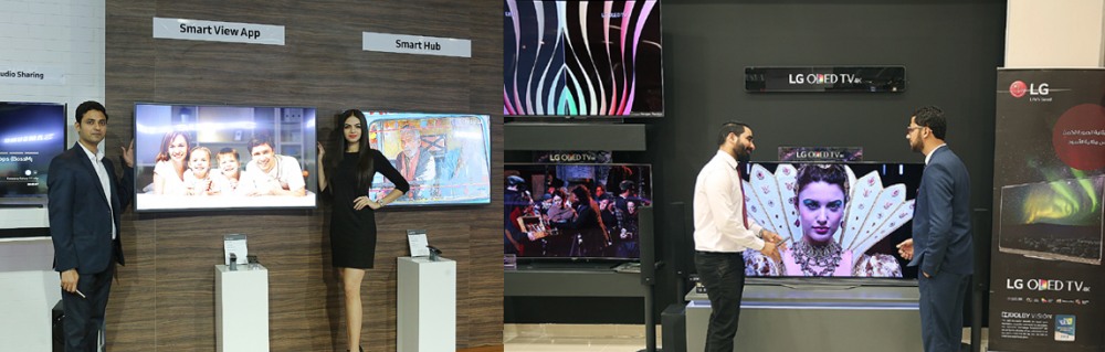▲ 삼성전자 모델들이 인도 델리에 위치한 메리어트 호텔에서 열린 ‘QLED TV 런칭 이벤트’에서 ‘QLED TV’를 소개하고 있다. ▲ LG전자가 이집트에 LG 프리미엄 브랜드샵을 새로 열며 중동 프리미엄 시장을 적극 공략한다. 이집트 LG 프리미엄 브랜드샵 을 방문한 고객이 제품 설명을 듣고 있다.