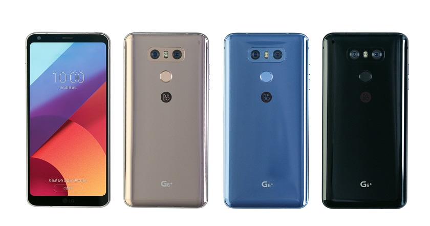△왼쪽부터 LG G6+ 옵티컬 마린 블루, 옵티컬 테라 골드, 옵티컬 마린 블루, 옵티컬 아스트로 블랙 /사진제공=LG전자