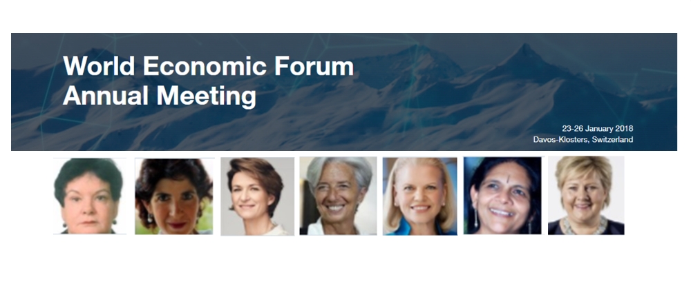 △(왼쪽부터) 샤란 버로우 국제노총 사무총장, 파비올라 자노티 유럽입자물리연구소 소장, 이자벨 코셰 엔지 최고경영자(CEO), 크리스틴 라가르드 국제통화기금 총재, 지니 로메티 IBM 최고경영자, 셰트나 신하 인도 만데시 재단 창립자, 에르나 솔베르그 노르웨이 총리 /사진=세계경제포럼(WEF)