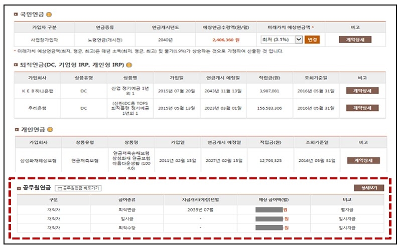 통합연금포털 화면 예시/자료=금융위원회·금융감독원