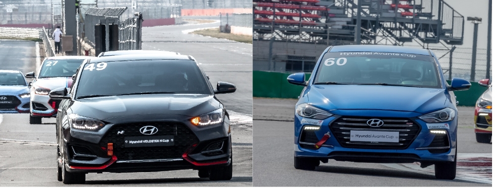 지난 3월 개최된 '현대 N 페스티벌 예선라운드'에서 벨로스터N(왼쪽)과 아반떼가 트랙 위를 달리고 있다. (사진=현대차)