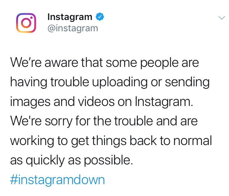 △인스타그램이 4일 발생한 오류에 대해 인정하며 가능한 한 빨리 복구하겠다는 내용과 사과를 담아 공식 트위터 계정에 올린 멘션/사진=오승혁 기자