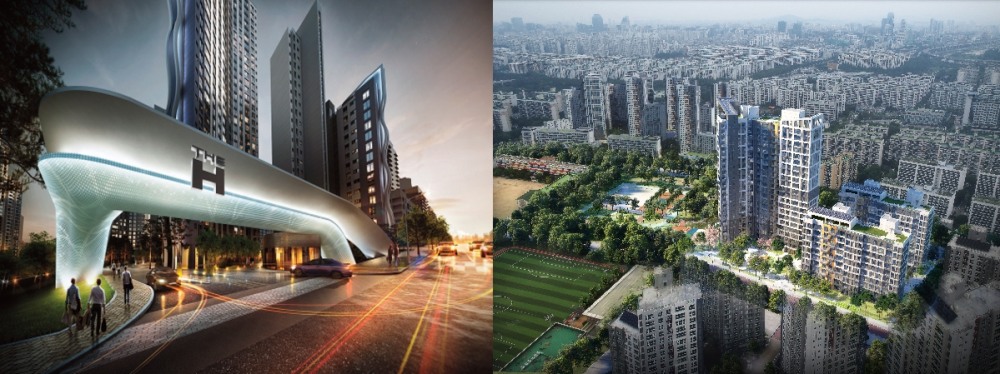 (좌) 현대건설 디에이치 라클라스 문주 투시도, (우) 디에이치 포레센트 조감도. 제공=현대건설