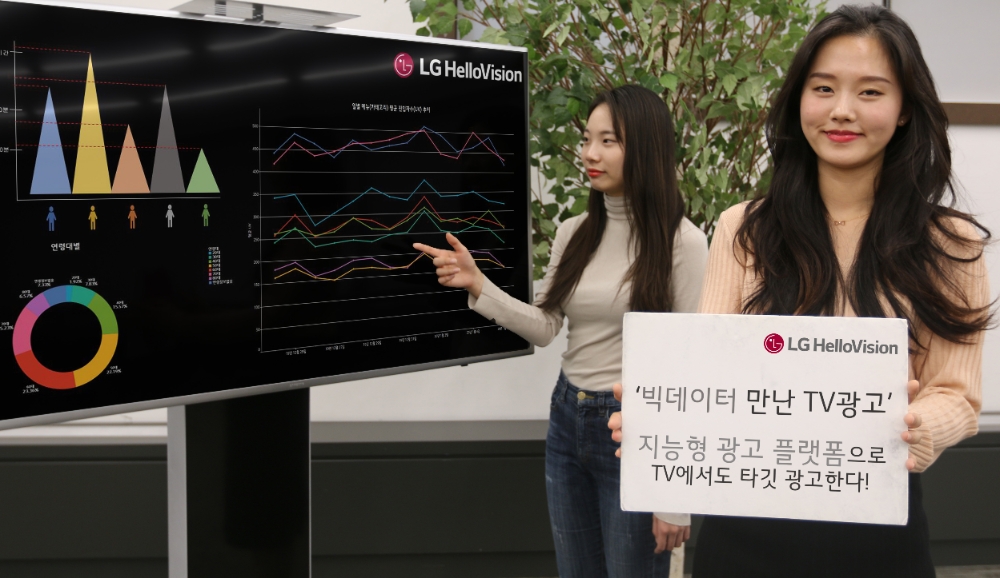 LG헬로비전 관계자들이 지능형 광고 플랫폼 개발 완료를 홍보하고 있다/사진=LG헬로비전