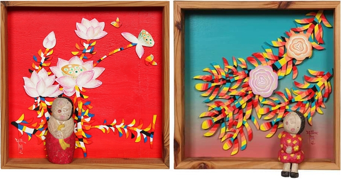 ▲오석교 作. 산뜻한 바람이 세상을 녹일 즈음 봄을 맞는 아낙의 마음에도 편안함이 젖어든다. 겨우내 움추렸던 가슴에서 새로운 생명이 잦아드는 봄을 맞이한다. 활짝 핀 연꽃을 배경으로 지금 다시 생명을 얻는다.오석교는 자신의 작품에 대해 ‘꿈’이라는 제목을 붙여낸다. 꿈꾸듯 살아가는 내일과 꿈만 같은 과거의 잔상들이 작품에 묻어나기 때문이다. 사람인형에 그리움과 평안을 담고, 부엉이 형상에 기억과 사랑을 품어낸다. 요약되고 절제된 감정으로 작품의 공간을 장악한다.