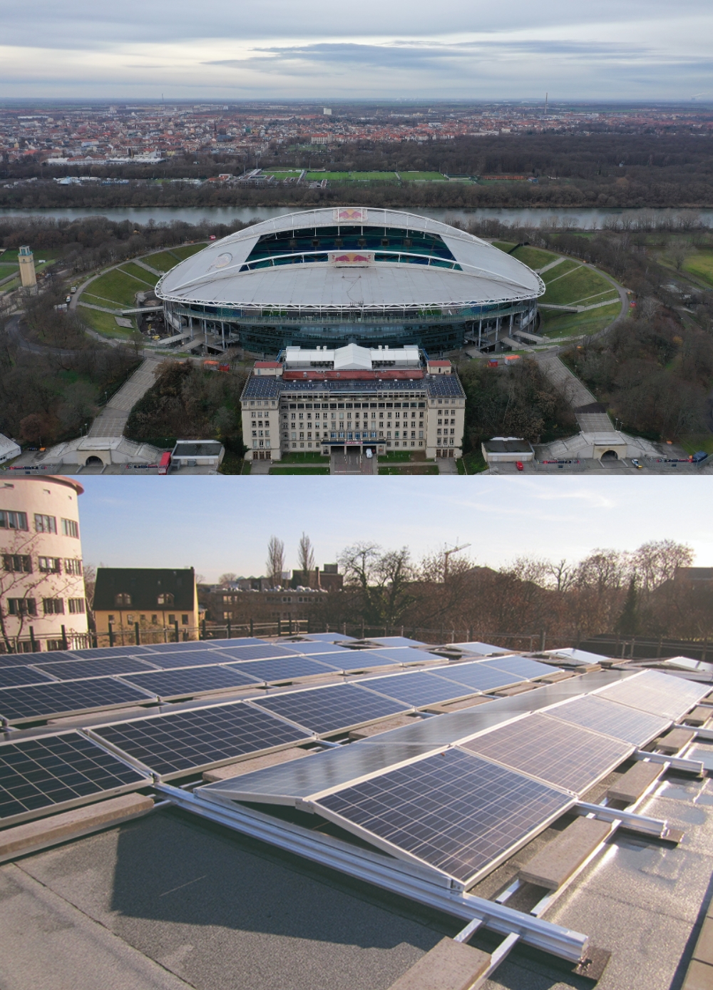 독일 내 라이프치히 홈구장과 도심 한화 큐셀 모듈 모습/사진=한화큐셀