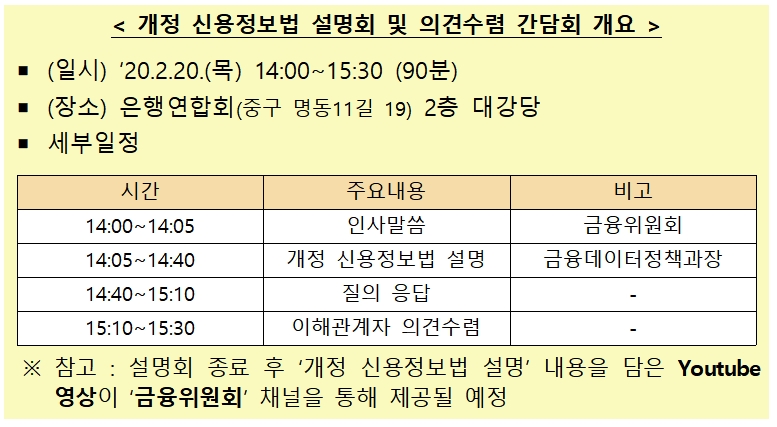 개정 신용정보법 설명회 일정 / 자료= 금융위원회