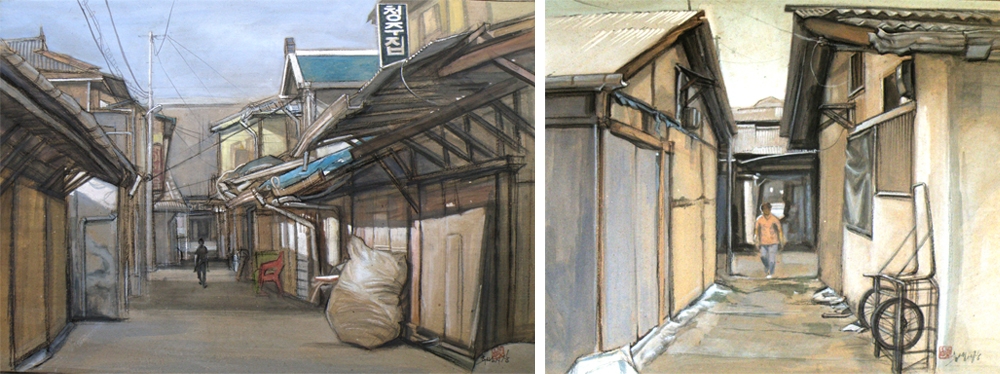 좌)송재진. 흔적과 기억-후생시장1. mixid media on paper. 72.7x50cm. 2017/ 우)송재진. 흔적과 기억-후생시장3. mixid media on pape.r 61x50cm. 2017