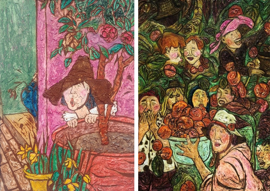 좌) 감만지, 옆집에는 누가 살고 있을까?, 29x42cm, Mixed media on board, 2020 / 우(감만지, 살구밭 로맨스, 78x108cm, Mixed media on board, 2019