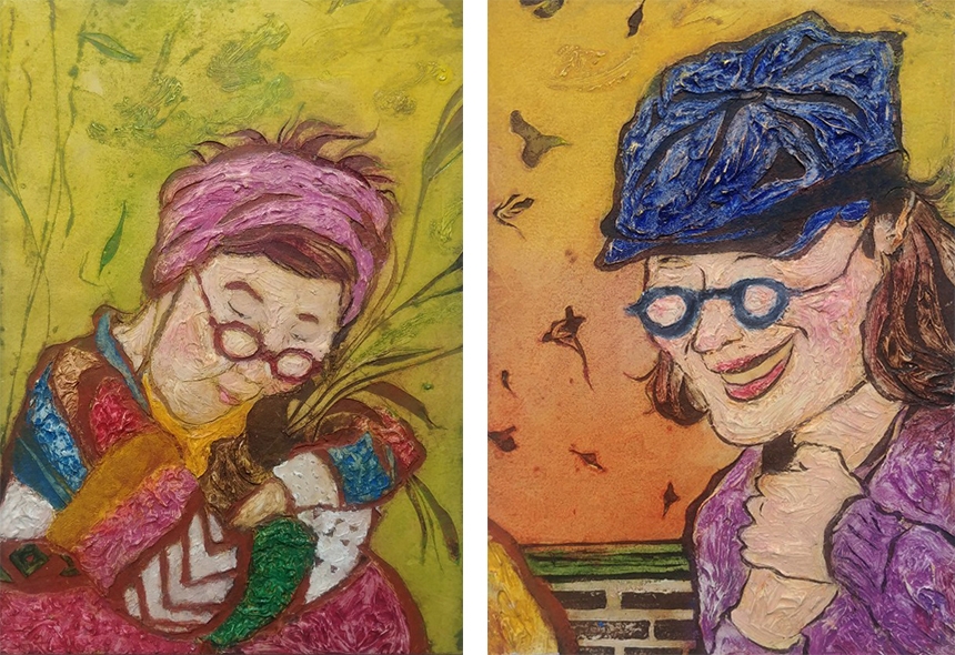 좌)감만지, 소녀의 이름은 바이올렛, 21x29cm, Mixed media on board, 2020 / 우)감만지, 사랑은 소보루 빵집에서, 21x29cm, Mixed media on board, 2020