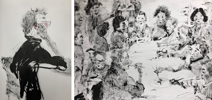 좌)감만지, 빨개진 귀, 75x100cm, Mixed media on paper, 2019 / 우)감만지, 호박전 파티,70x90cm_Mixed media on paper_2019