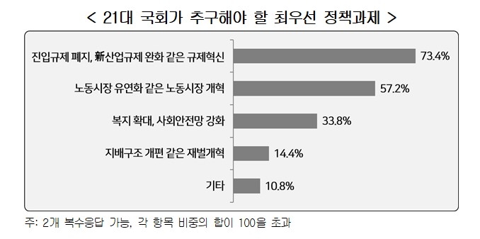 21대 국회가 추구해야 할 최우선 정책과제에 대한 경제전문가 222명의 응답 결과/자료=경총