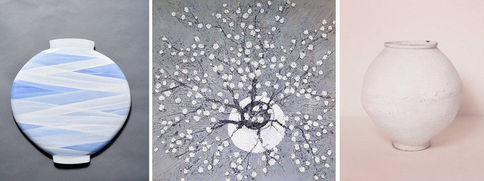 왼쪽부터 석철주 달항아리(회화), 전병현 달항아리(한지부조), 구본창 달항아리(사진)