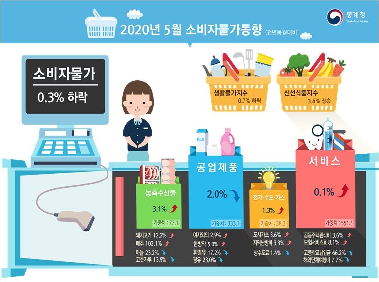 5월 소비자물가 전년비 0.3% 떨어지면서 '하락 전환'..전월비로도 0.2% 하락 (종합)