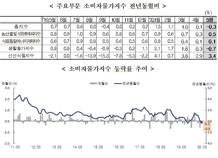 5월 소비자물가 전년비 0.3% 떨어지면서 '하락 전환'..전월비로도 0.2% 하락 (종합)